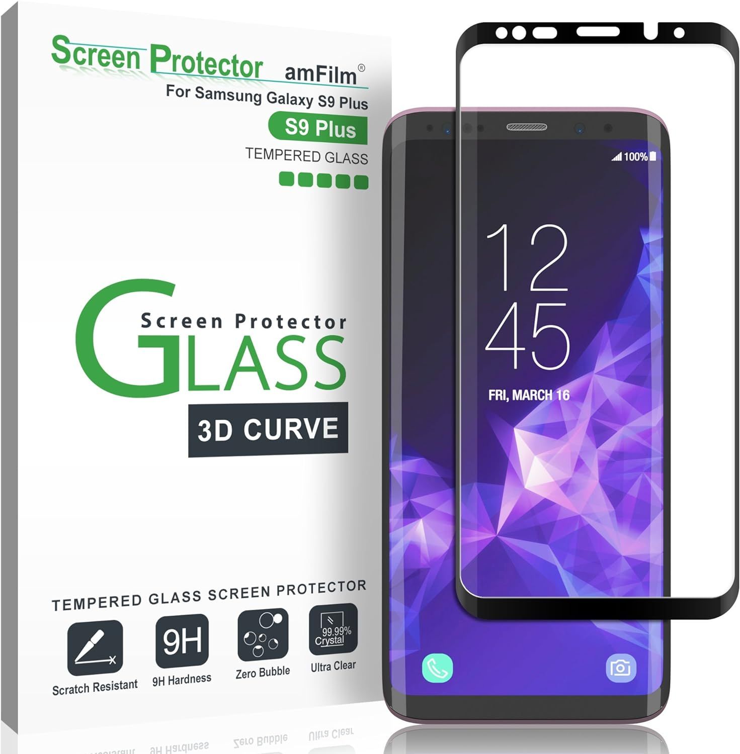 Protecteur D'écran Pour Galaxy S9 Plus, Protection D'écran À Couverture Complète 3d Arrondie Pour Samsung Galaxy S9+ Noir