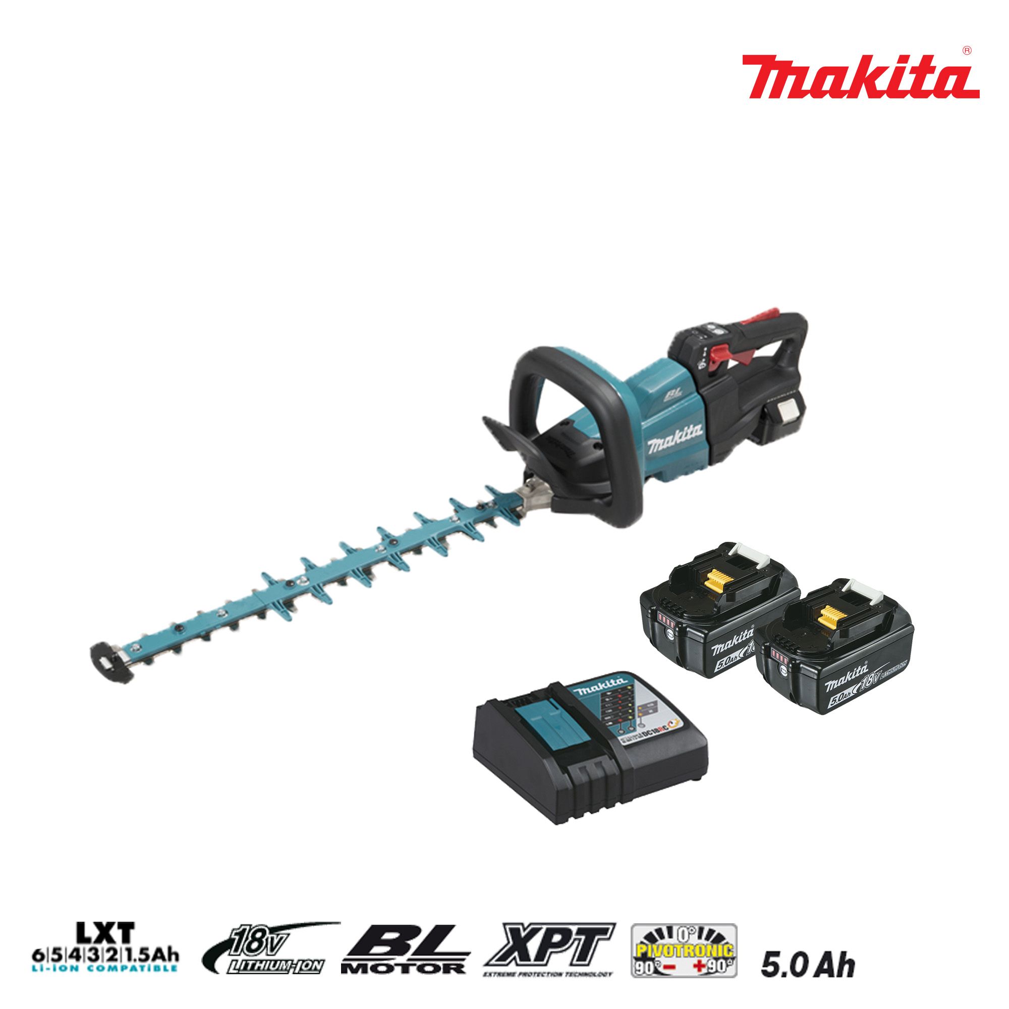 Taille haie MAKITA 18V 2 batteries BL1850B 5.0Ah 1 chargeur rapide DC18RC 50cm DUH502RT2