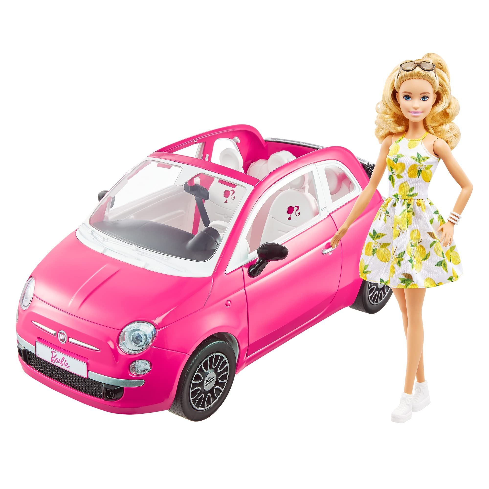 Barbie et sa Fiat 500 Cofret véhicule 4 Places et poupée avec Habillage et Accessoires Cadeau pour Enfants de 3 à HGV03