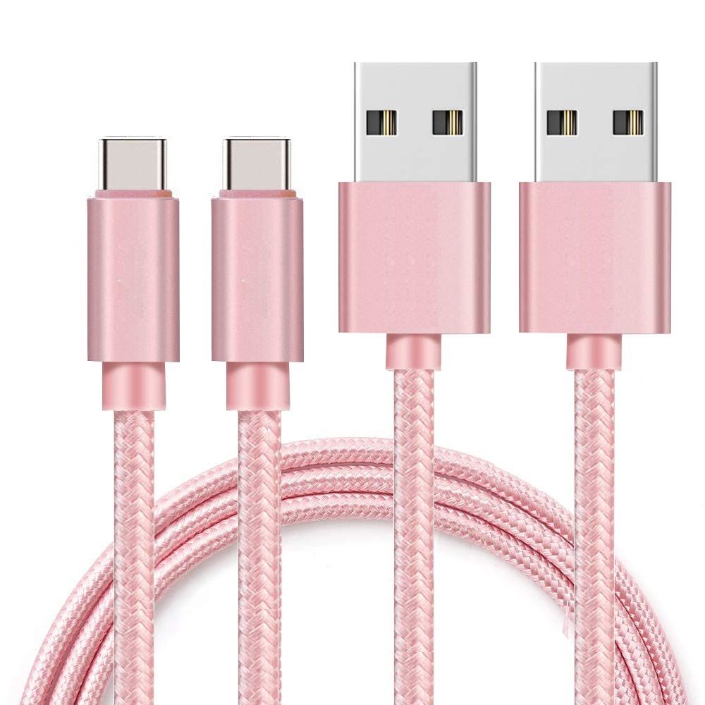 Lot 2 Cables pour Samsung Galaxy A20E / A40 / A50 / A70 / A80 / S10 / S10 PLUS / S10E / S9 / S8 / NOTE 10 / NOTE 10 PLUS / NOTE 9 / NOTE 8 / A9 2018 - Cable USB-C Nylon Tresse Rose [Phonillico]