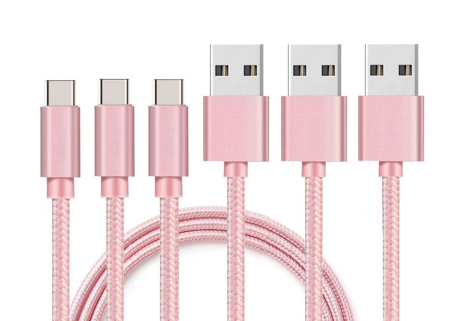 Lot 3 Cables pour Samsung Galaxy A20E / A40 / A50 / A70 / A80 / S10 / S10 PLUS / S10E / S9 / S8 / NOTE 10 / NOTE 10 PLUS / NOTE 9 / NOTE 8 / A9 2018 - Cable USB-C Nylon Tresse Rose [Phonillico]