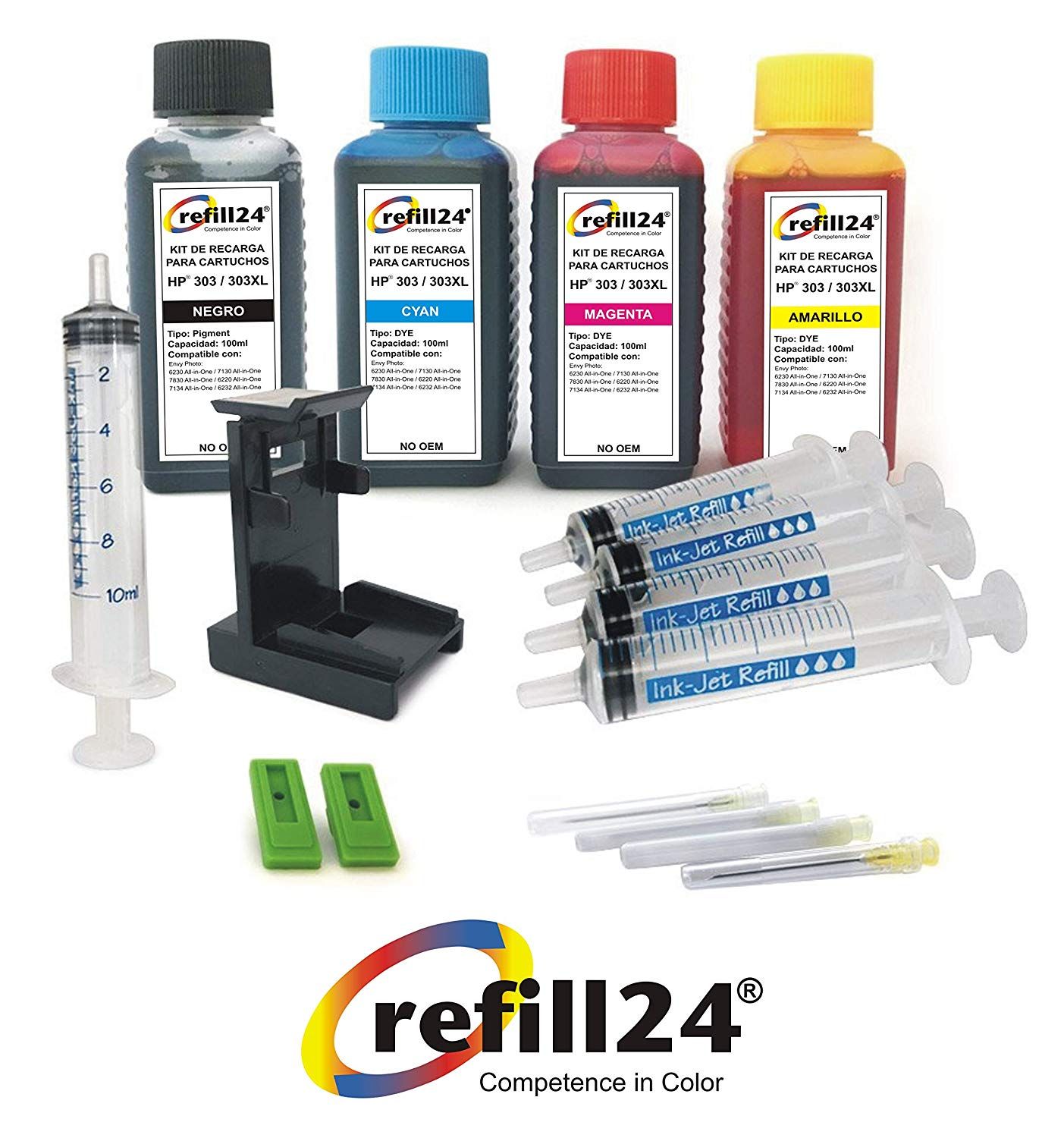 Refill24 Kit de recharge pour cartouches d'encre HP 303/303 XL Noir et couleur Avec support et accessoires Non OEM