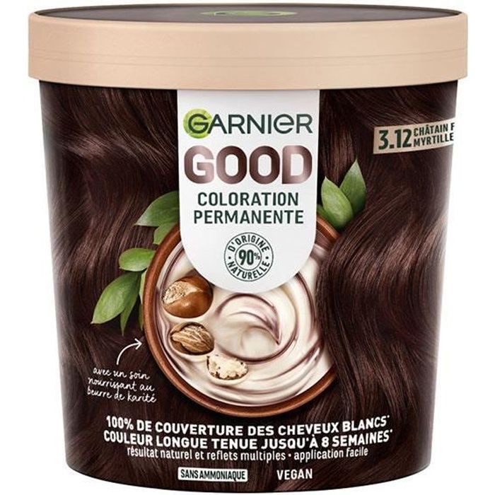 Coloration 3.12 Chatain Myrtille Sans Amoniaque 90% D'origine Naturelle Good Garnier La Boite - vue 2