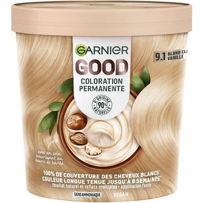 Coloration 9.1 Blond Vanille Sans Amoniaque Couvre 100% Cheveux Blancs Good Garnier La Boite