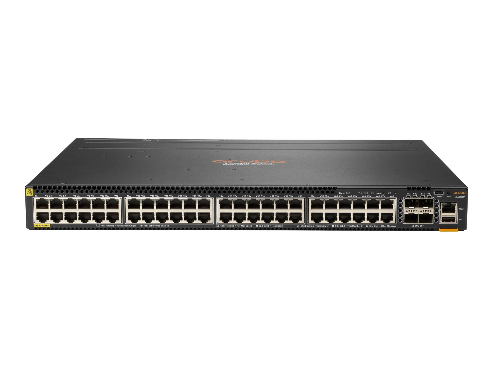 HPE Aruba 6300M - Commutateur - C3 - Géré - 48 x 10/100/1000 (PoE+) + 4 x 1 Gigabit / 10 Gigabit / 25 Gigabit / 50 Gigabit SFP56 (liaison montante/stockage) - de l'avant et du côté vers l'arrière...