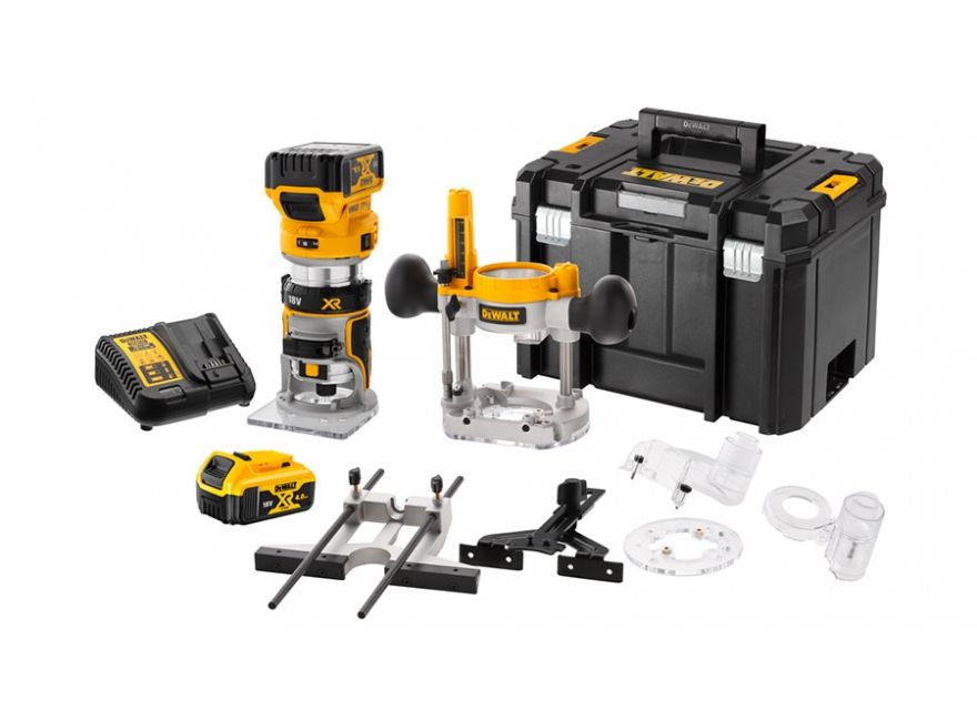 Affleureuse défonceuse XR 18V 2 x 5Ah Li ion DEWALT pince 6 8 mm en coffret Tsatak avec 2 batteries 18V + chargeur + accessoires DCW604P2 QW