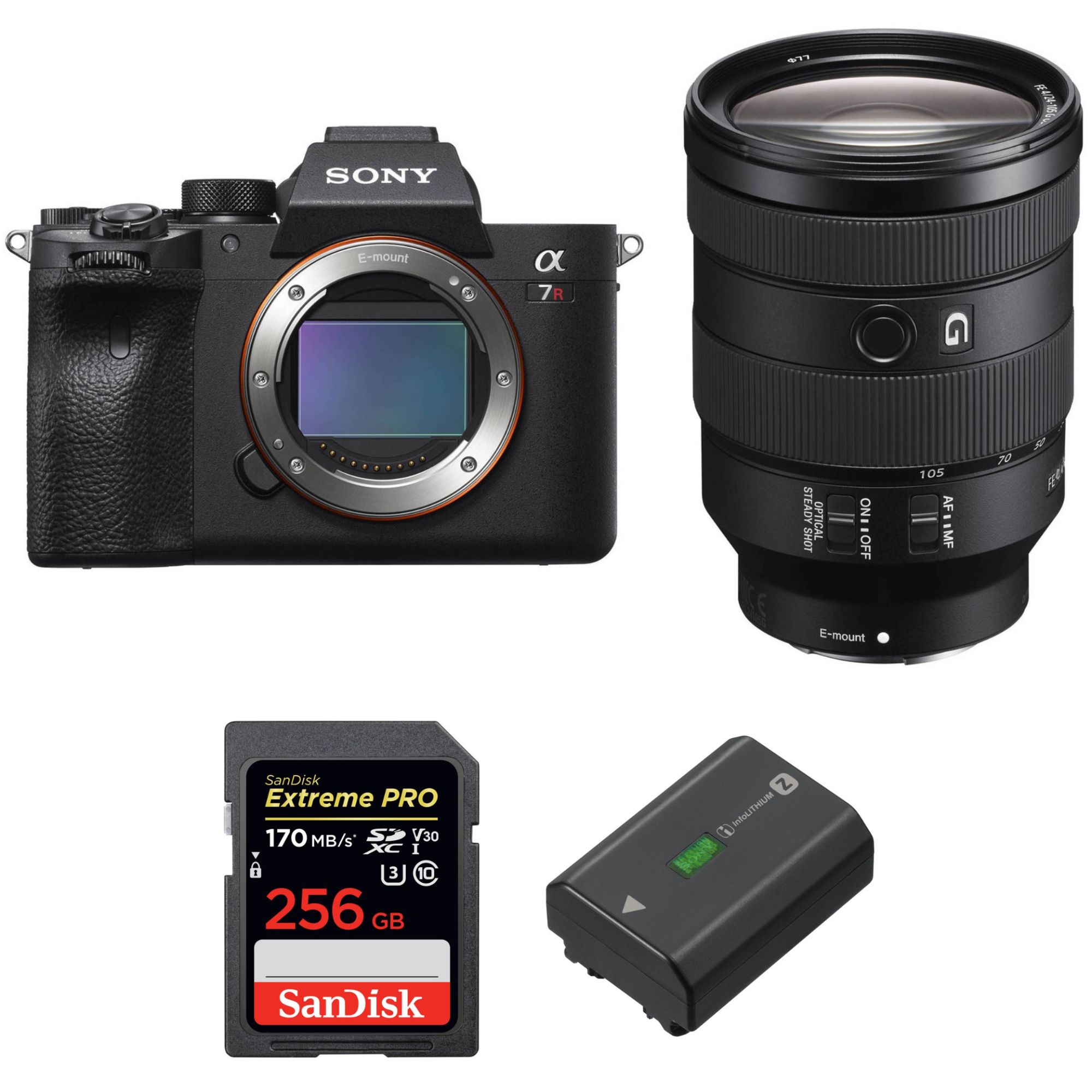 Sony ALPHA 7R IV + FE 24 105 mm F4 G OSS + SanDisk Extreme PRO UHS I SDXC 170 MB/ + Sony NP FZ100 Garantie