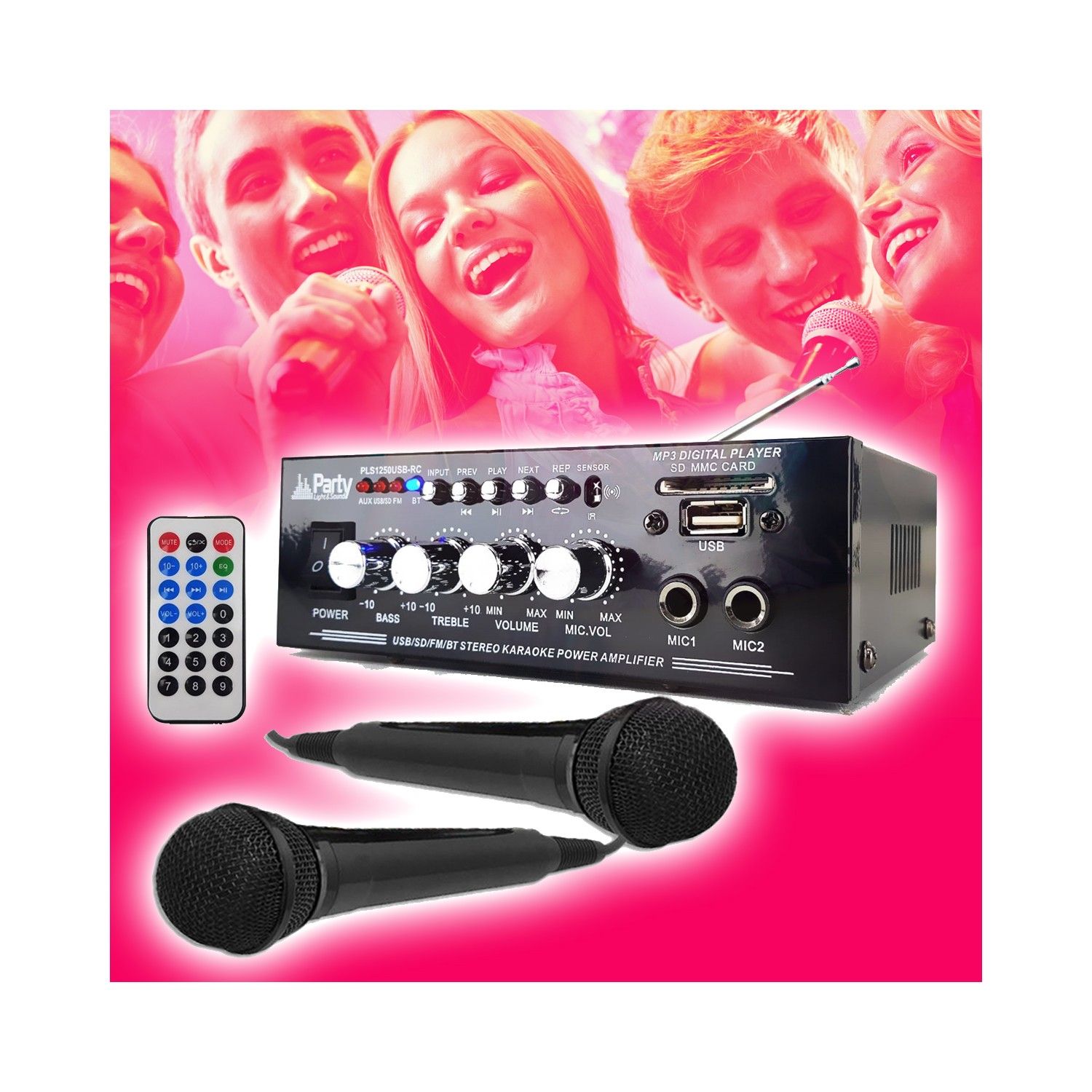 Amplificateur Soirée Karaoke 50W - Stéréo - USB/BLUETOOTH/SD/ RADIO FM + Télécommande + 2 Micros