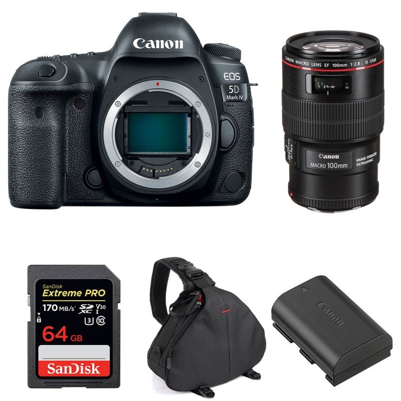Canon EOS 5D Mark IV + EF 100mm f/ Macro IS USM + SanDisk UHS I SDXC 170 MB/ + LP E6N + Sac Garantie