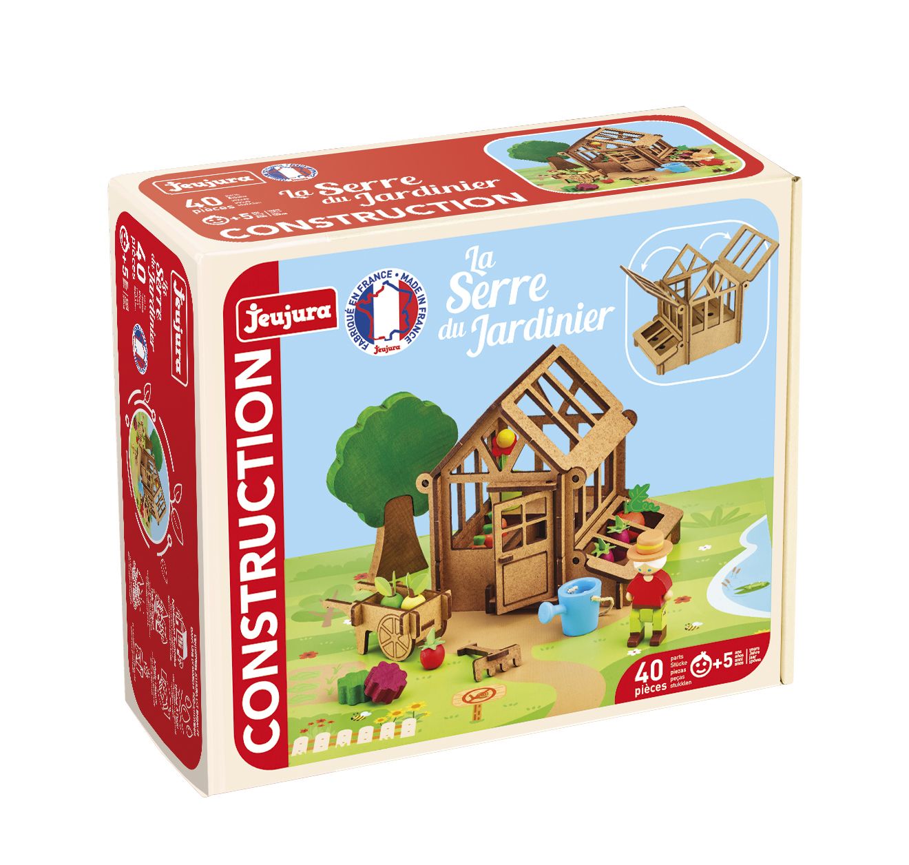 La Serre du Jardinier 40 Pièces JEUJURA Jeu de Construction en Bois Naturel Tapis et Accessoires Inclus 22x18 5x8 5 cm