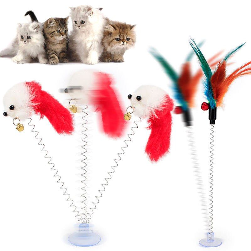 Xue Jouet Interactif Joli Chat Avec Souris En Peluche Plumes Ventouse Jouets D'animaux De Compagnie Amusants