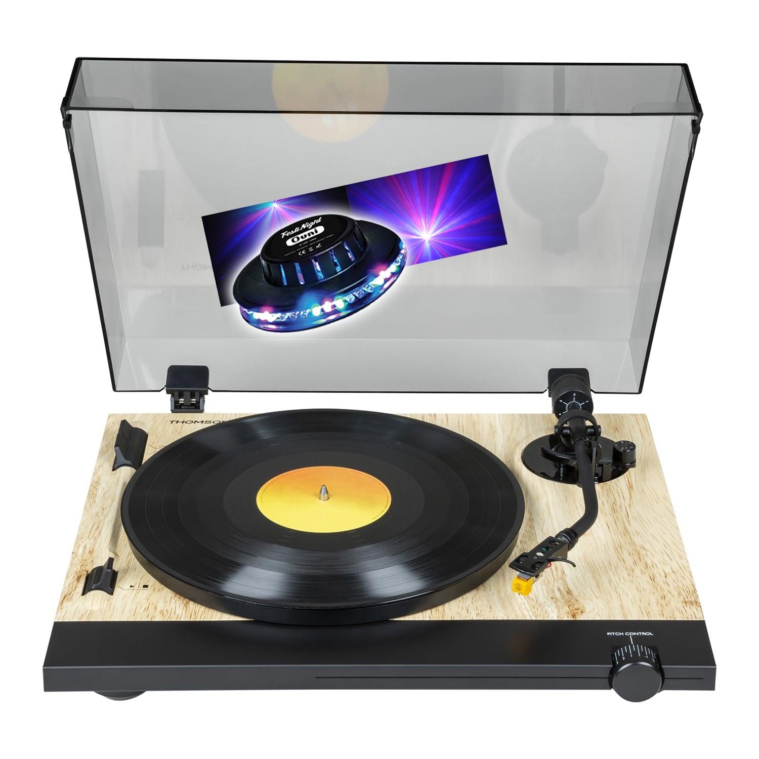 Tourne Disque vinyle Thomson TT702 Sortie RCA 3345 Tours Finition Bois jeu de Lumière OVNI couleurs LED