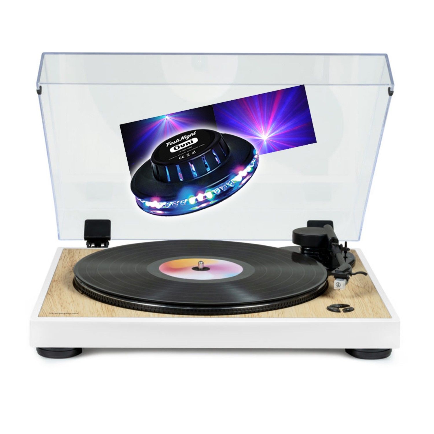 Tourne Disque vinyle Thomson TT301 BOIS 3345 trs Lectureretour du bras auto. Jeu Lumière OVNI couleurs LED