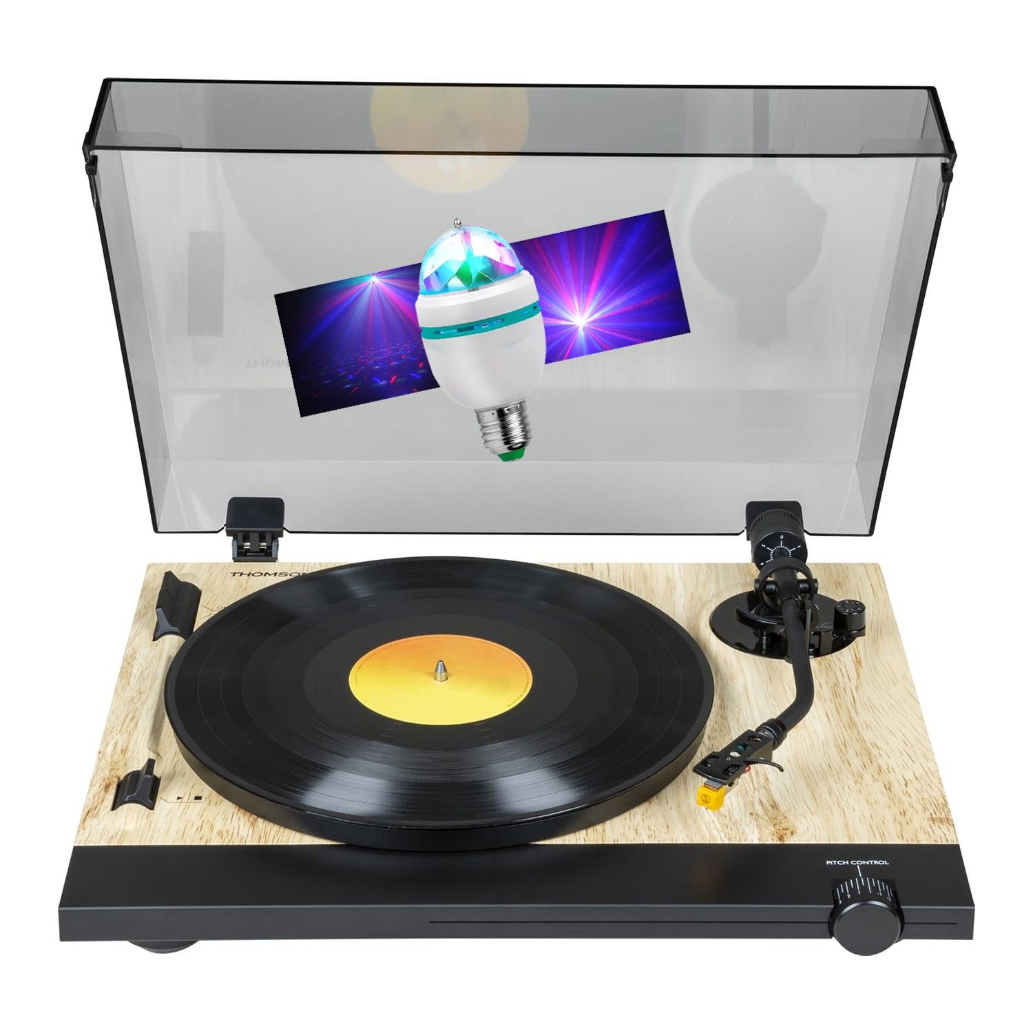 Tourne Disque vinyle Thomson TT702 Sortie RCA 3345 Tours Finition Bois Ampoule DIAMS couleurs LED inclus