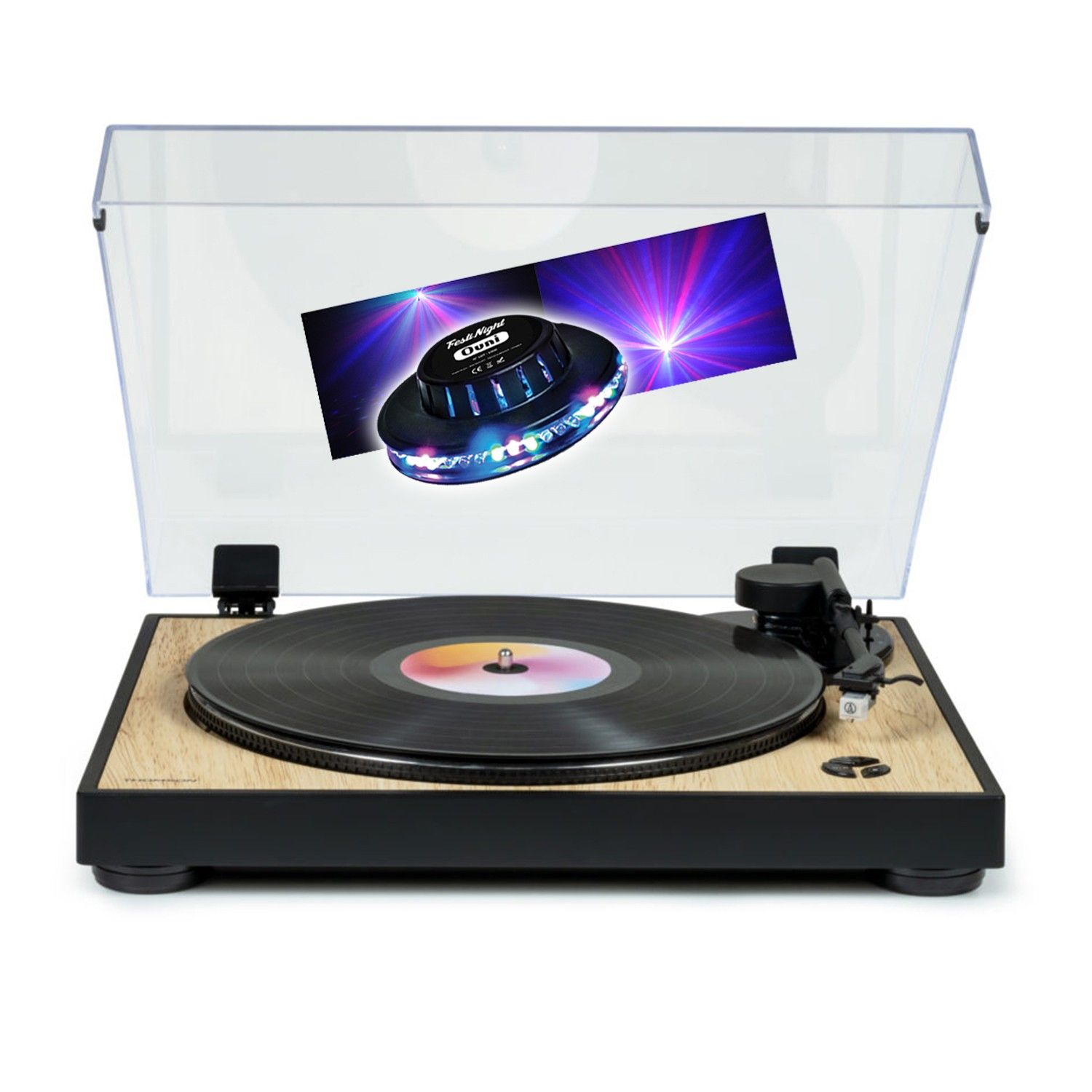 Tourne Disque vinyle Thomson TT300 BOIS 3345 tours Lectureretour du bras auto. jeu de Lumière OVNI LED