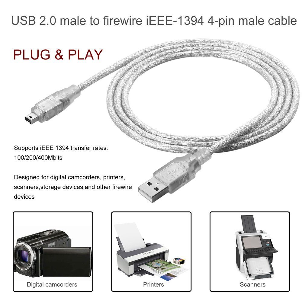 1.2m USB 2.0 mâle à Firewire iEEE 1394 4 broches mâle iLink adaptateur câble mâle à mâle câble lumière blanc Flexible câble dropshipping