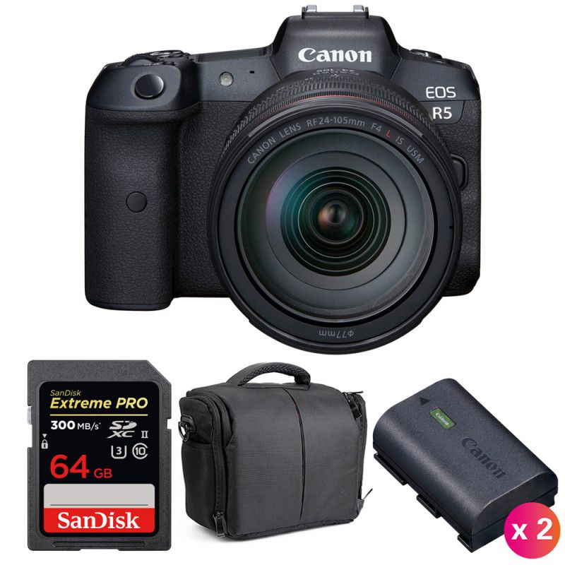 Canon EOS R5 + RF 24 105mm f/ IS USM + SanDisk UHS II SDXC 300 MB/ + 2 Canon LP E6NH + Sac