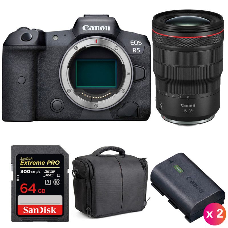 Canon EOS R5 + RF 15 35mm f/ IS USM + SanDisk UHS II SDXC 300 MB/ + 2 Canon LP E6NH + Sac