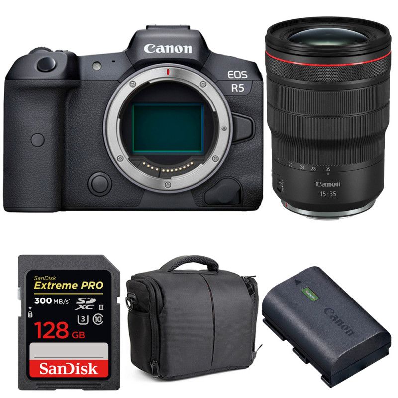 Canon EOS R5 + RF 15 35mm f/ IS USM + SanDisk UHS II SDXC 300 MB/ + Canon LP E6NH + Sac - vue 2