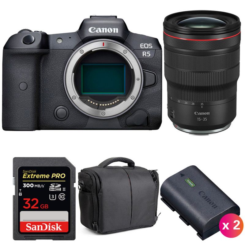 Canon EOS R5 + RF 15 35mm f/ IS USM + SanDisk UHS II SDXC 300 MB/ + 2 Canon LP E6NH + Sac - vue 2