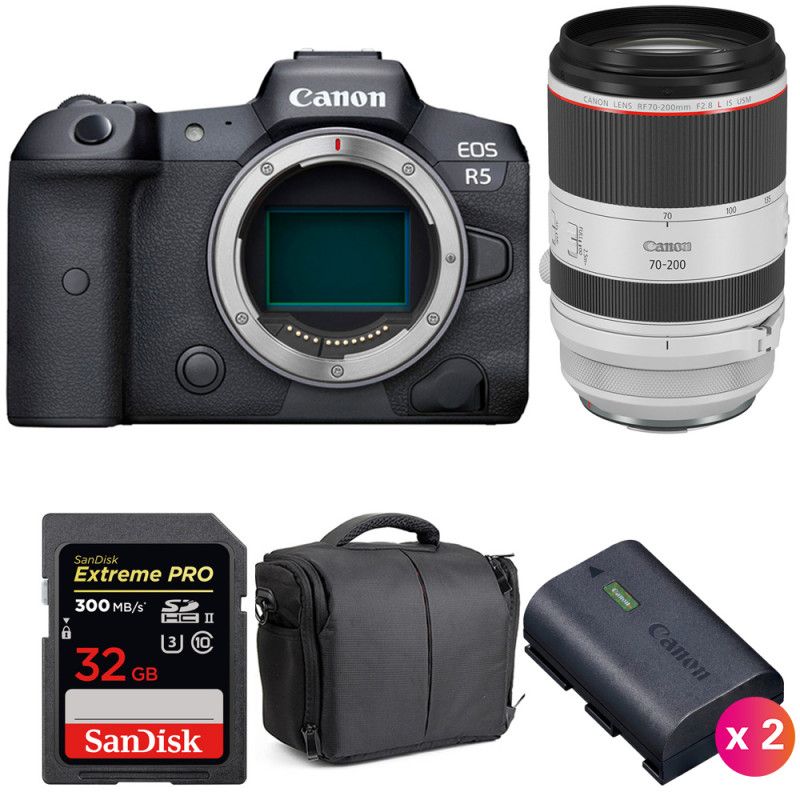 Canon EOS R5 + RF 70 200mm f/ IS USM + SanDisk UHS II SDXC 300 MB/ + 2 Canon LP E6NH + Sac - vue 2