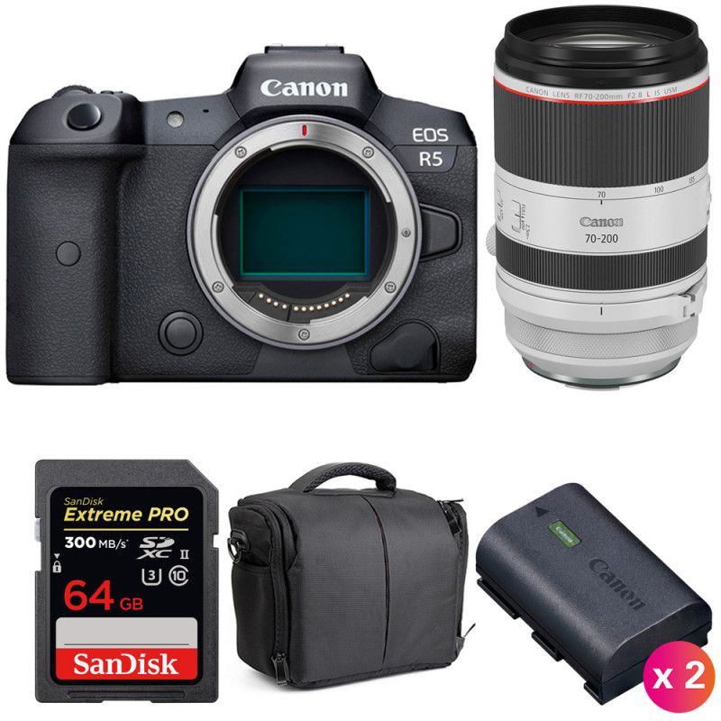 Canon EOS R5 + RF 70 200mm f/ IS USM + SanDisk UHS II SDXC 300 MB/ + 2 Canon LP E6NH + Sac - vue 3