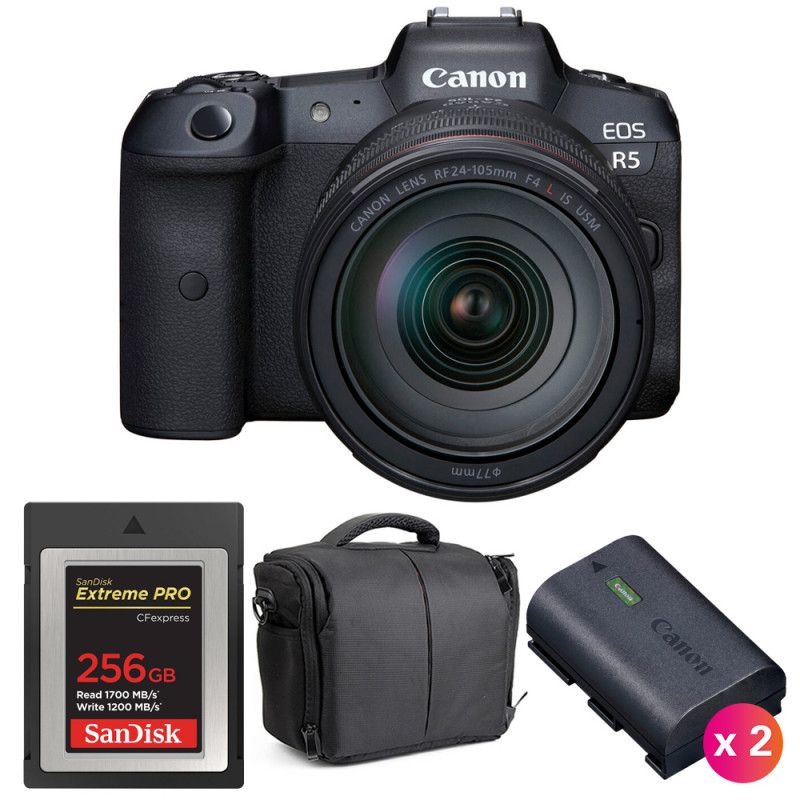Canon EOS R5 + RF 24 105mm f/ IS USM + SanDisk Extreme PRO CFexpress Type B + 2 LP E6NH + Sac