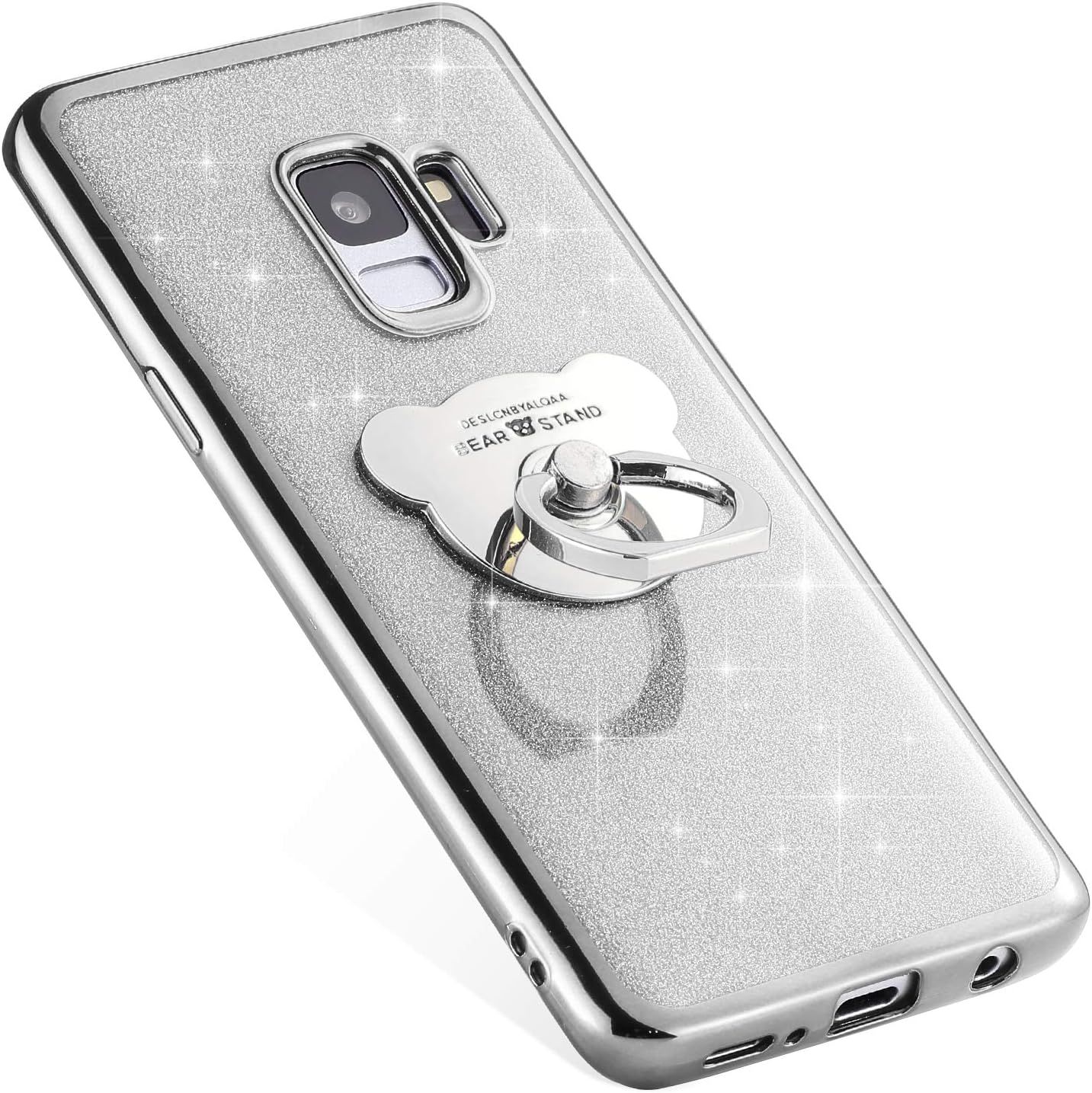 Compatible Avec Samsung Galaxy S9 Coque Silicone Luxe Paillette Brillante Bling Glitter Coque + Ours Bague Support Tpu Ultra Mince Anti-Choc Souple Bumper M¿¿Tal Coque Pour Galaxy S9,Argent