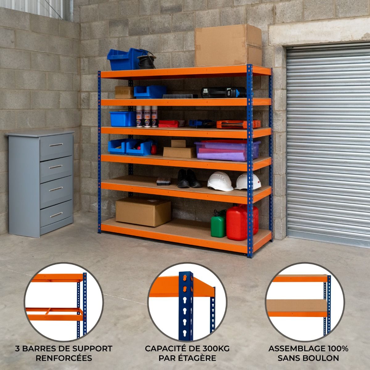 Rayonnage Garage S-Rax ¿ Rangement Industriel Robuste & Ajustable 6 Étages 180 x 180 x 60cm ¿ Capacité 300kg / étage ¿ 100% sans boulons [Pieds en caoutchouc antidérapants & 3 supports transversaux]