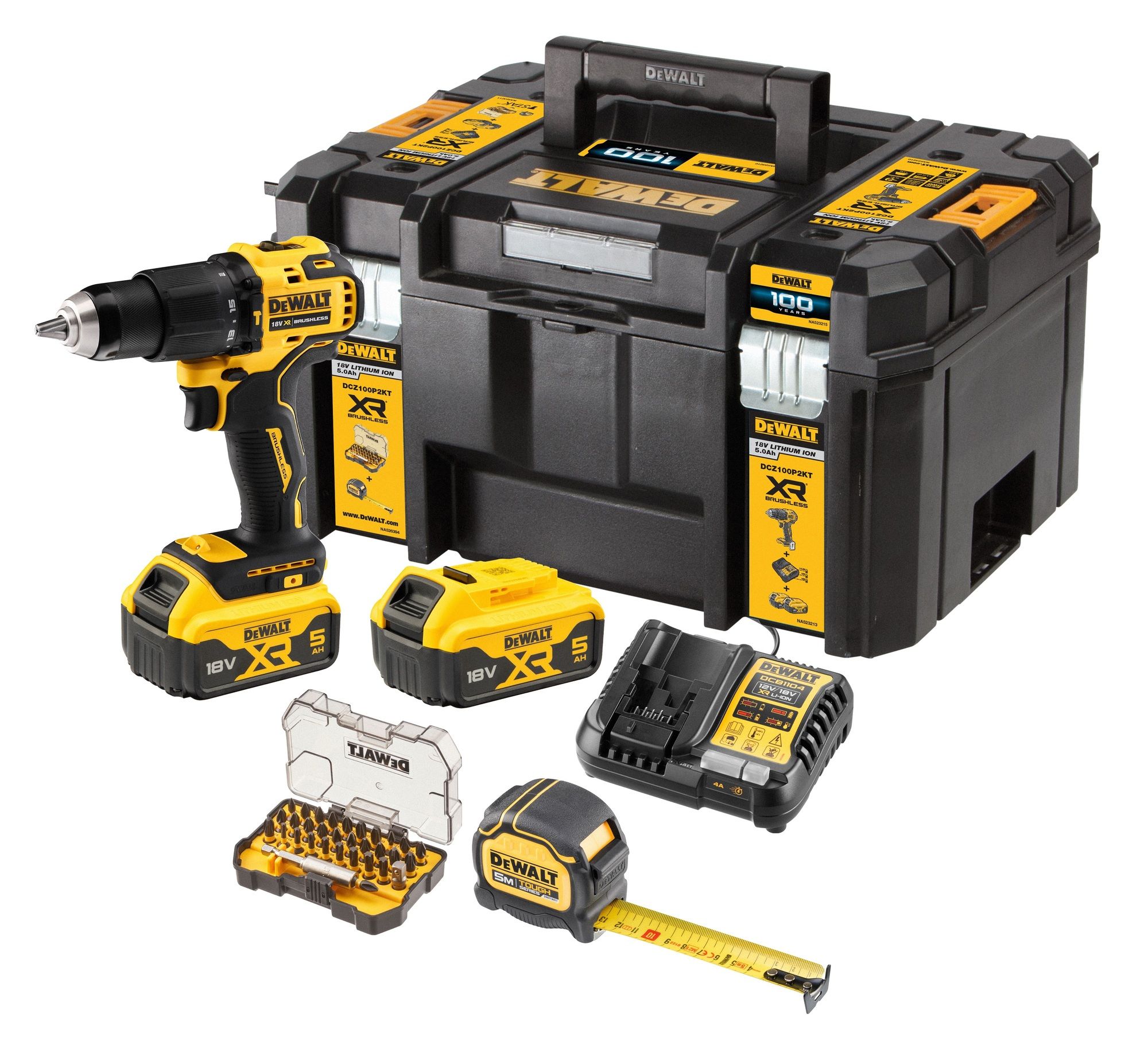 Perceuse visseuse à percussion 18V XR Brushless + 2 batteries 5Ah + chargeur + coffret TSTAK DEWALT DCZ100P2KT QW