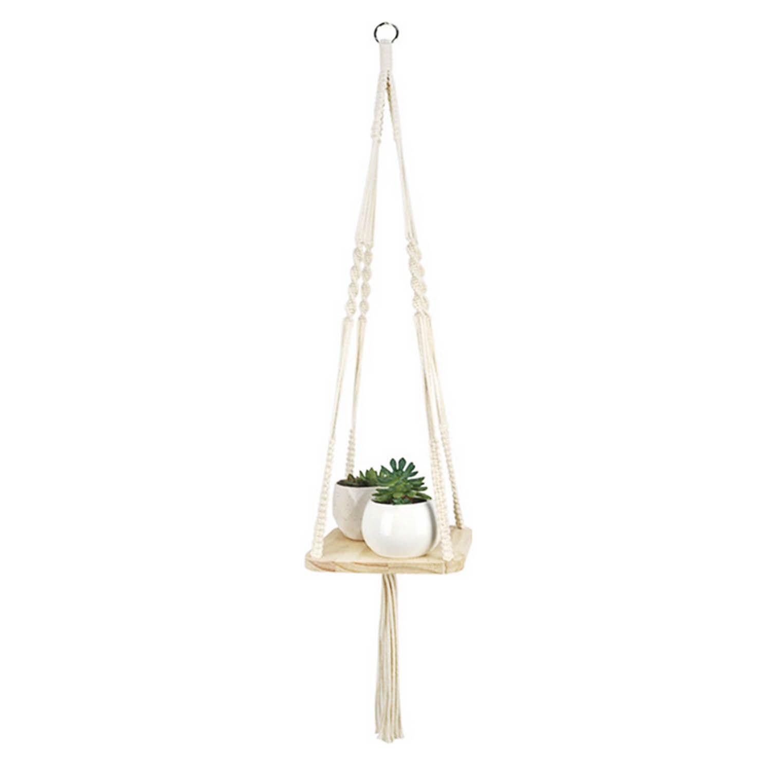 Behogar-cintre à plantes en macramé Panier suspendu en corde de coton Pot de fleurs avec support d'étagère en bois pour décoration intérieure et extérieure de la maison