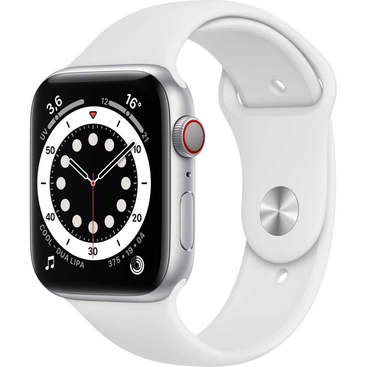 Apple Watch Series 6 (GPS + Cellular) - Boitier 44 mm acier argent avec bracelet sport blanc