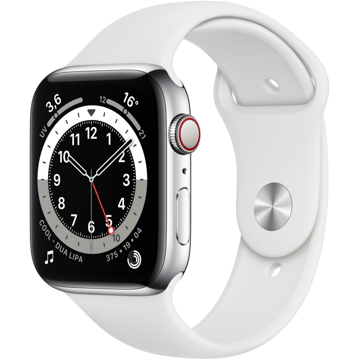 Apple Watch Series 6 (GPS + Cellular) - Boitier 44 mm aluminium argent avec bracelet sport blanc
