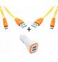 Pack Voiture Pour Nokia 2.3 Smartphone Micro Usb (2 Cables Smiley + Double Adaptateur Led Allume Cigare) - Orange