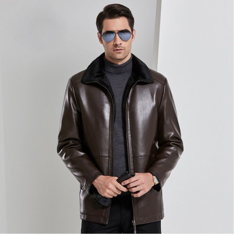 Veste Faux Cuir Homme Revers De Marque À Doublure Fourrure Synthétique Blouson Courte Homme Vêtement Masculin Épaississant Manteau Hommes -Zs307022