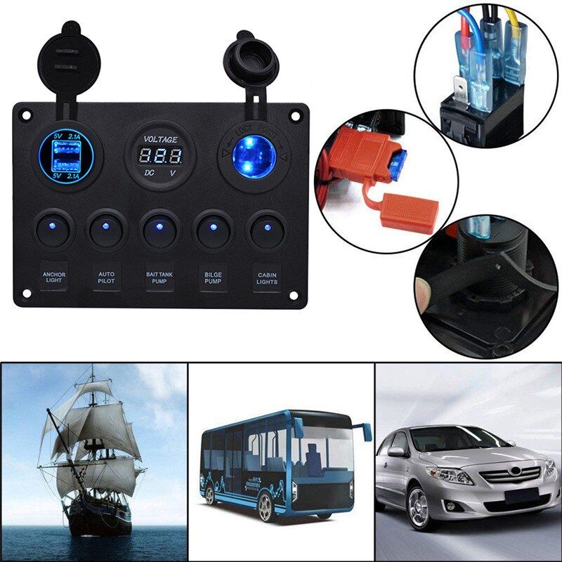 5 Gang Commutateur Panneau De Commande Avec 2 Usb & Voltmètre Haute Qualité Durable Précis Led Rocker 12V/24V Voiture Bateau Marine #294844