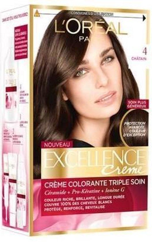 Coloration 4 Châtain Triple Soin Couvre 100% Cheveux Blancs Excellence Crème 'oreal Paris La Boîte