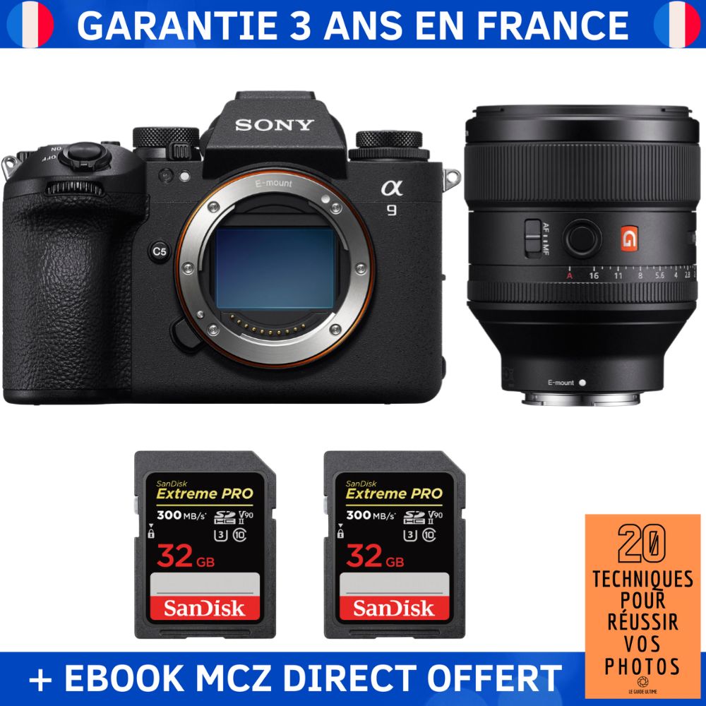 Sony A9 III + FE 85mm f1.4 GM + 2 SanDisk Extreme PRO UHS II SDXC 300 MB/ + Ebook '20 Techniques pour Réussir vos Photos' Appareil Photo Professionnel