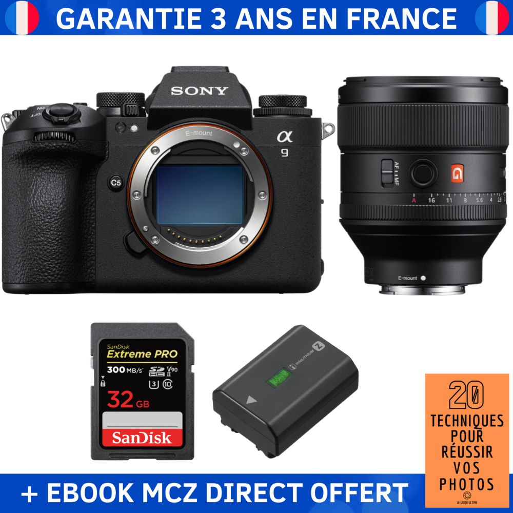 Sony A9 III + FE 85mm f1.4 GM + 1 SanDisk Extreme PRO UHS II SDXC 300 MB/ + 1 Sony NP FZ100 + Ebook '20 Techniques pour Réussir vos Photos' Appareil Photo Professionnel