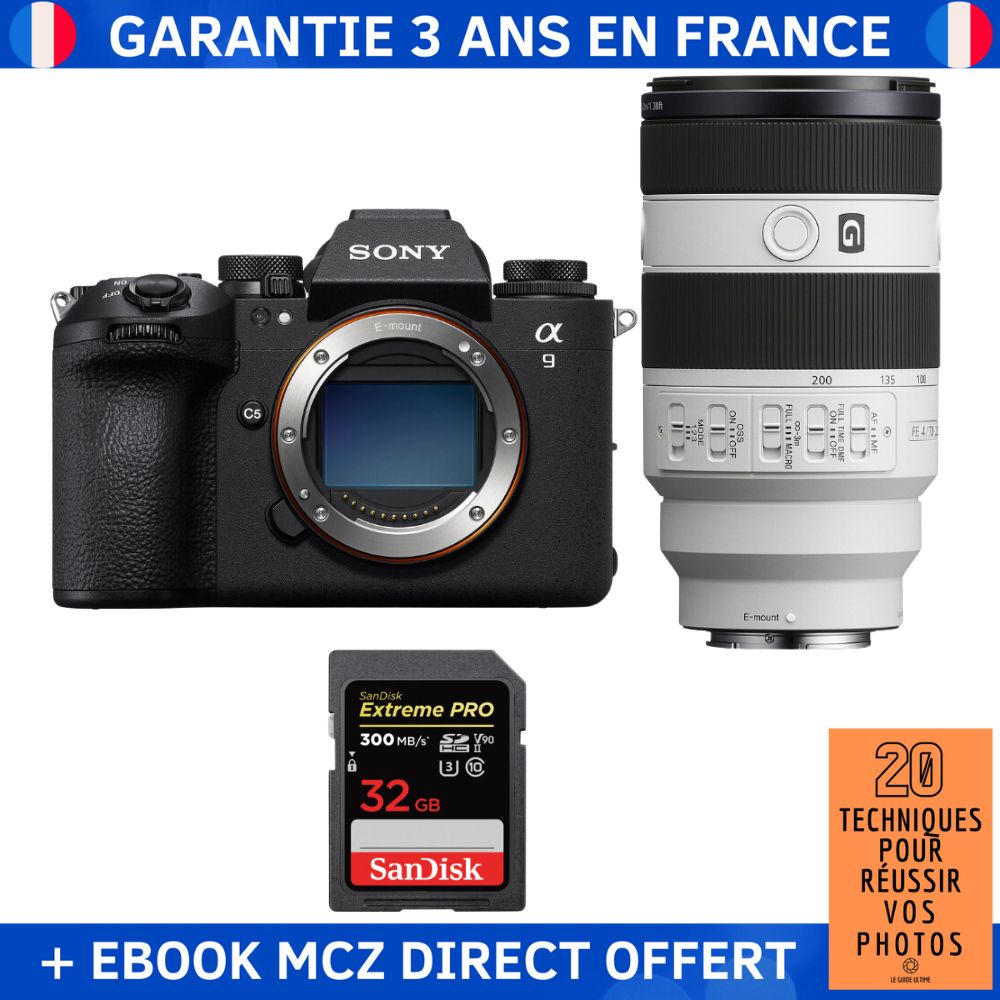 Sony A9 III + FE 70 200mm f4 Macro G OSS II + 1 SanDisk Extreme PRO UHS II SDXC 300 MB/ + Ebook '20 Techniques pour Réussir vos Photos' Appareil Photo Professionnel