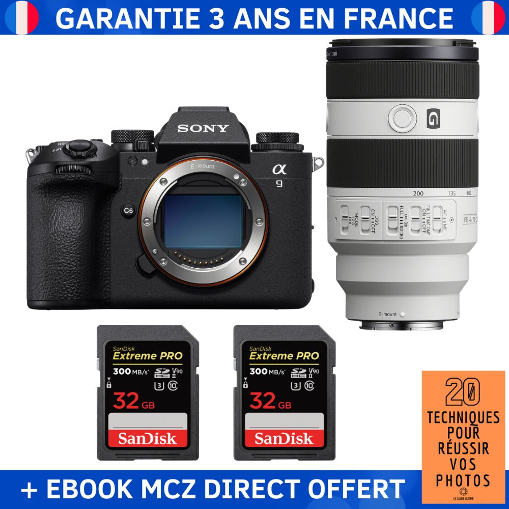 Sony A9 III + FE 70 200mm f4 Macro G OSS II + 2 SanDisk Extreme PRO UHS II SDXC 300 MB/ + Ebook '20 Techniques pour Réussir vos Photos' Appareil Photo Professionnel