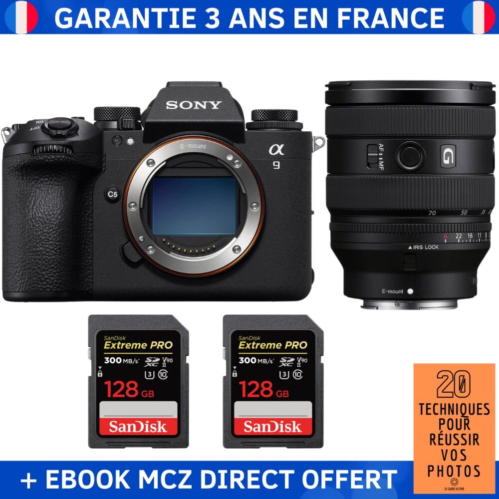 Sony A9 III + FE 20 70mm f4 G + 2 SanDisk Extreme PRO UHS II SDXC 300 MB/ + Ebook '20 Techniques pour Réussir vos Photos' Appareil Photo Professionnel