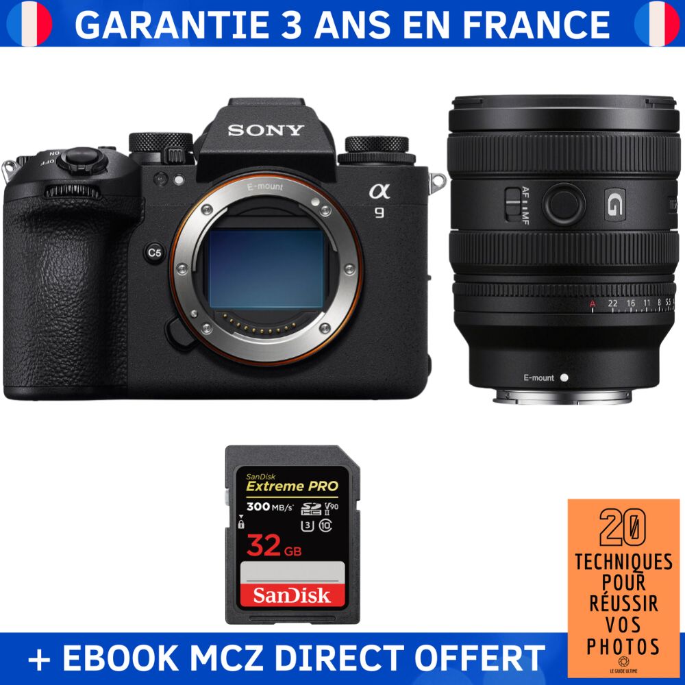 Sony A9 III + FE 24 50mm f2.8 G + 1 SanDisk Extreme PRO UHS II SDXC 300 MB/ + Ebook '20 Techniques pour Réussir vos Photos' Appareil Photo Professionnel