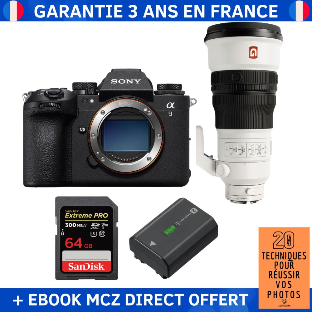 Sony A9 III + FE 300mm f/2.8 GM OSS + 1 SanDisk 64GB Extreme PRO UHS-II SDXC 300 MB/s + 1 Sony NP-FZ100 + Ebook '20 Techniques pour Réussir vos Photos' - Appareil Photo Professionnel