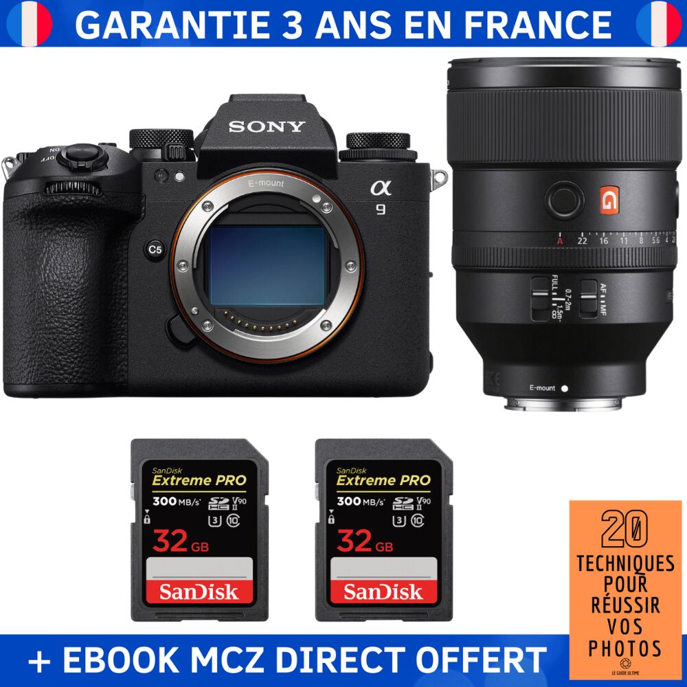 Sony A9 III + FE 135mm f1.8 GM + 2 SanDisk Extreme PRO UHS II SDXC 300 MB/ + Ebook '20 Techniques pour Réussir vos Photos' Appareil Photo Professionnel