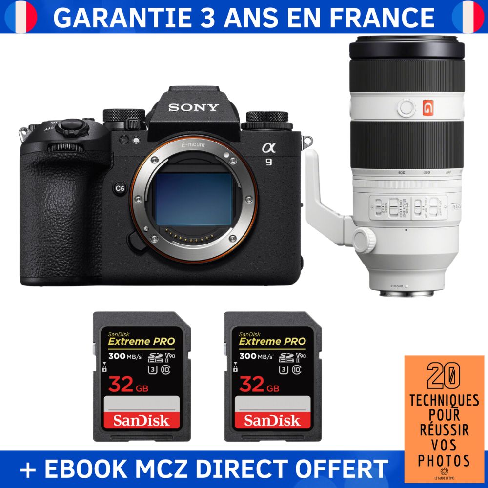 Sony A9 III + FE 100 400mm f4.5 5.6 GM OSS + 2 SanDisk Extreme PRO UHS II SDXC 300 MB/ + Ebook '20 Techniques pour Réussir vos Photos' Appareil Photo Professionnel