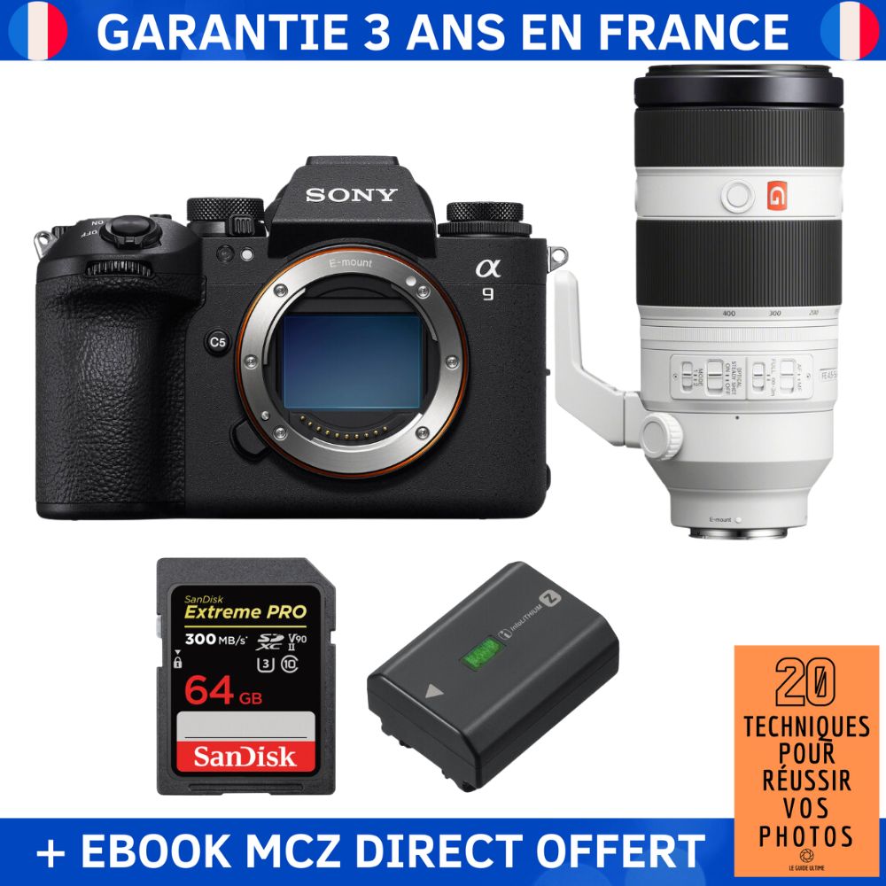 Sony A9 III + FE 100 400mm f4.5 5.6 GM OSS + 1 SanDisk Extreme PRO UHS II SDXC 300 MB/ + 1 Sony NP FZ100 + Ebook '20 Techniques pour Réussir vos Photos' Appareil Photo Professionnel