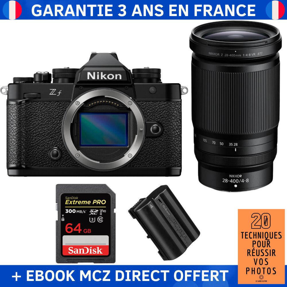 Nikon Zf + 28 400mm f4 8 VR + 1 SanDisk Extreme PRO UHS II SDXC 300 MB/ + 1 Nikon EN EL15C + Ebook '20 Techniques pour Réussir vos Photos' Appareil Photo Hybride