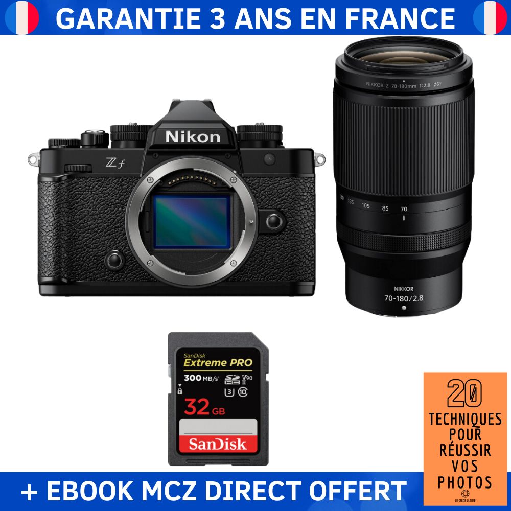 Nikon Zf + 70 180mm f2.8 + 1 SanDisk Extreme PRO UHS II SDXC 300 MB/ + Ebook '20 Techniques pour Réussir vos Photos' Appareil Photo Hybride