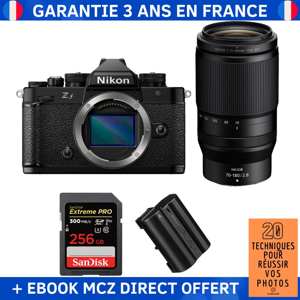 Nikon Zf + 70-180mm f/2.8 + 1 SanDisk 256GB Extreme PRO UHS-II SDXC 300 MB/s + 1 Nikon EN-EL15C + Ebook '20 Techniques pour Réussir vos Photos' - Appareil Photo Hybride